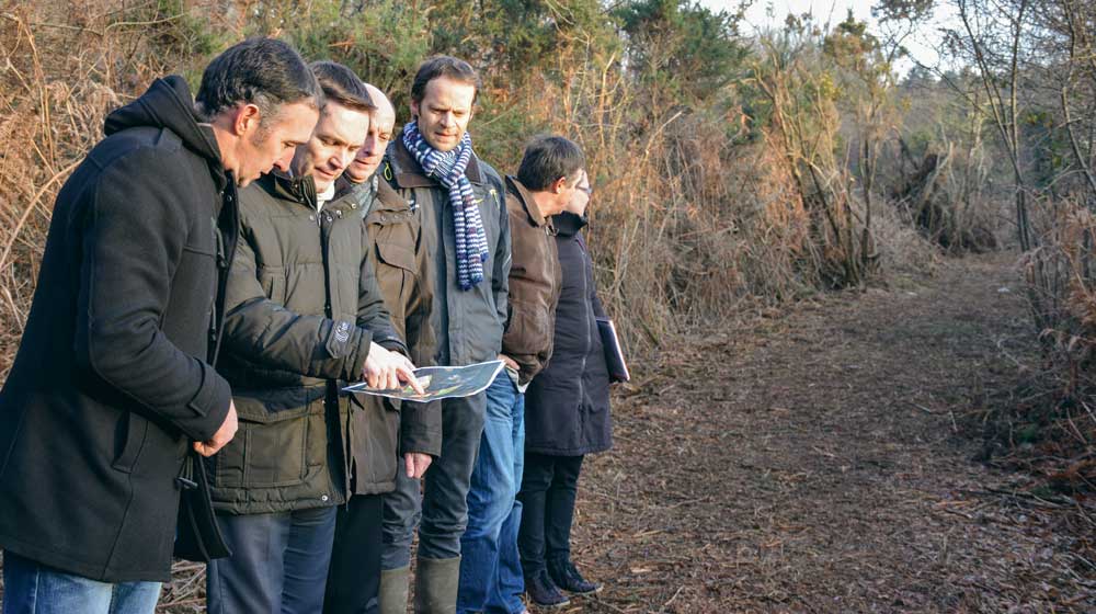 De gauche à Droite : Philippe Le Dressay, agriculteur, David Lappartient, maire de Sarzeau, Rolland Loréal, élu, Pierre-Yves Roussel, Chambre d'agriculture et Jean-Yves Couedel, agriculteur et élu, dans le chemin réhabilité à la Lande du Matz, qui donne accès à 18 hectares de friches. - Illustration La presqu&rsquo;île de Rhuys s&rsquo;attaque à ses friches