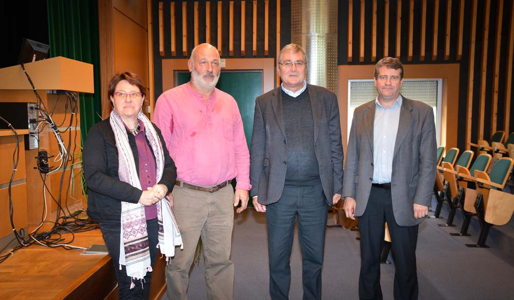 Valérie Le Page, directrice du Lycée de Saint-Jean Brévelay-Hennebont, Jean-Noël Le Quitrec, du réseau Frab, Dominique Pourtier, établissements publics agricoles et Laurent Chevalier, directeur du lycée du Gros Chêne. - Illustration La bio à l&rsquo;école
