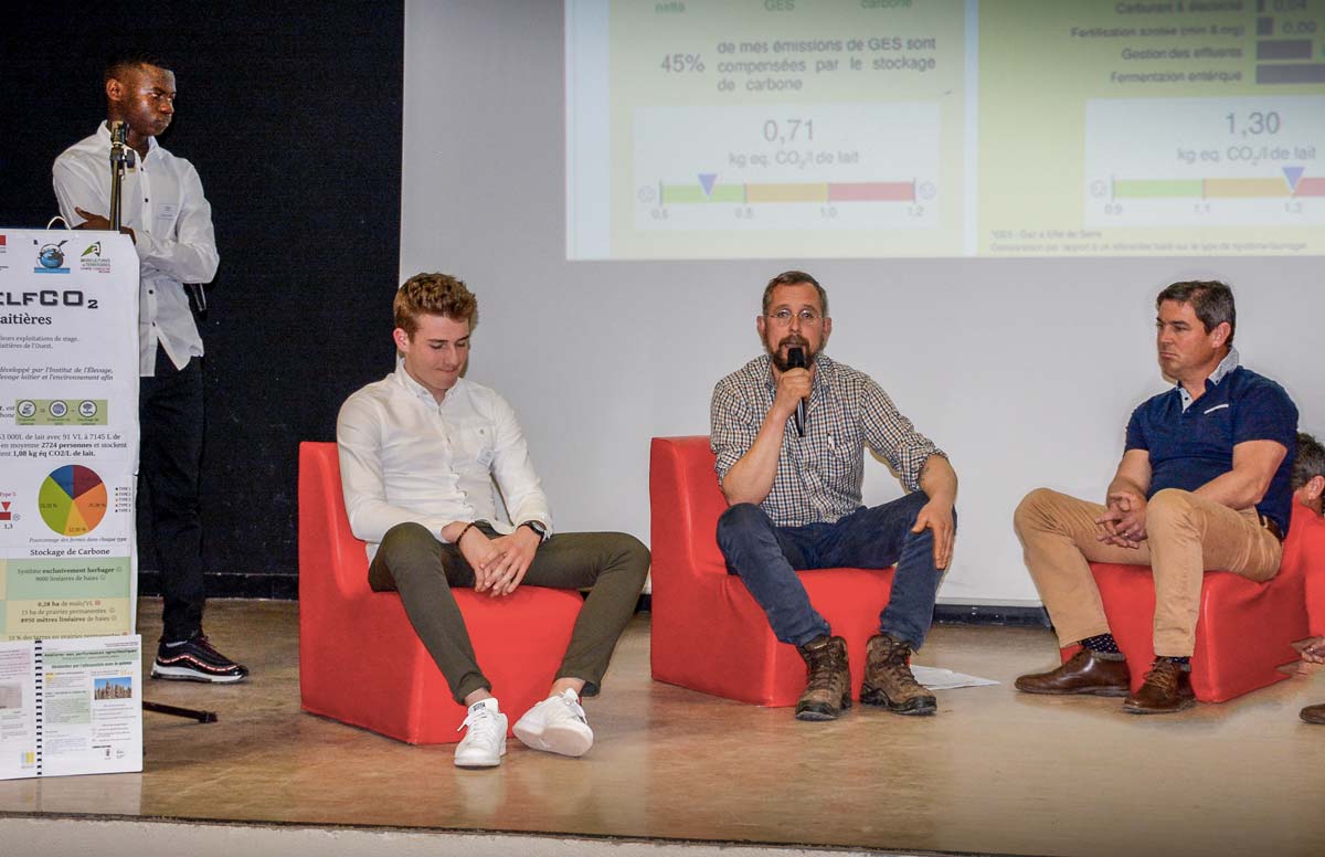 Samuel Dugas, éleveur et président de l’Adage (au centre), et David Bruno, producteur de porcs (à droite), ont participé au forum organisé par les BTSA Acse. - Illustration Les BTS Acse du Rheu planchent sur le climat