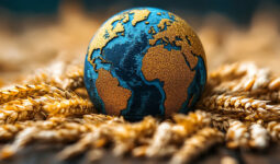 Carte mondiale sur un globe posée sur des épis de blés.