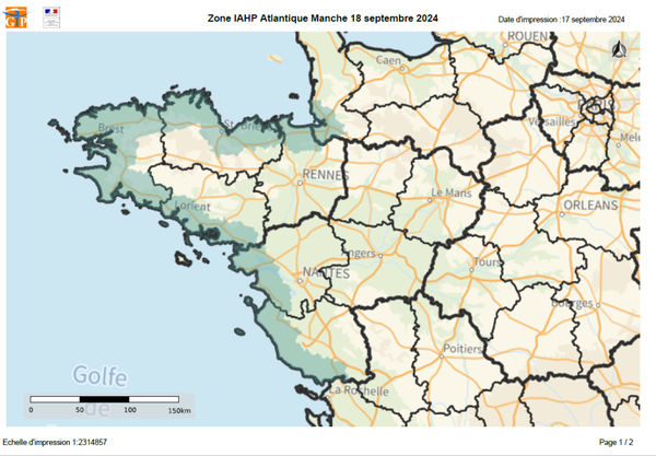 Carte du périmètre de surveillance de l'Influenza Aviaire - Illustration Création d&rsquo;un périmètre  de surveillance active  contre le virus IAHP