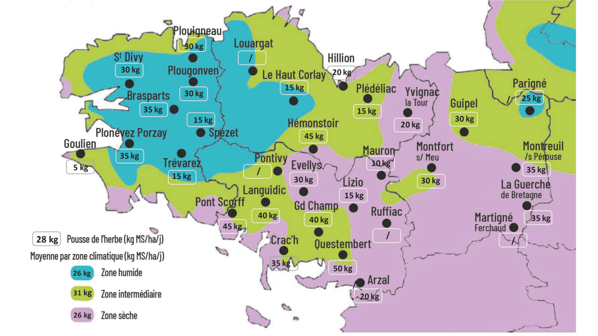 Carte de la pousse de l'herbe en Bretagne du 16 au 23 septembre 2024 - Illustration Observatoire des fourrages Bretagne : 28 kg KG MS/ha/jour