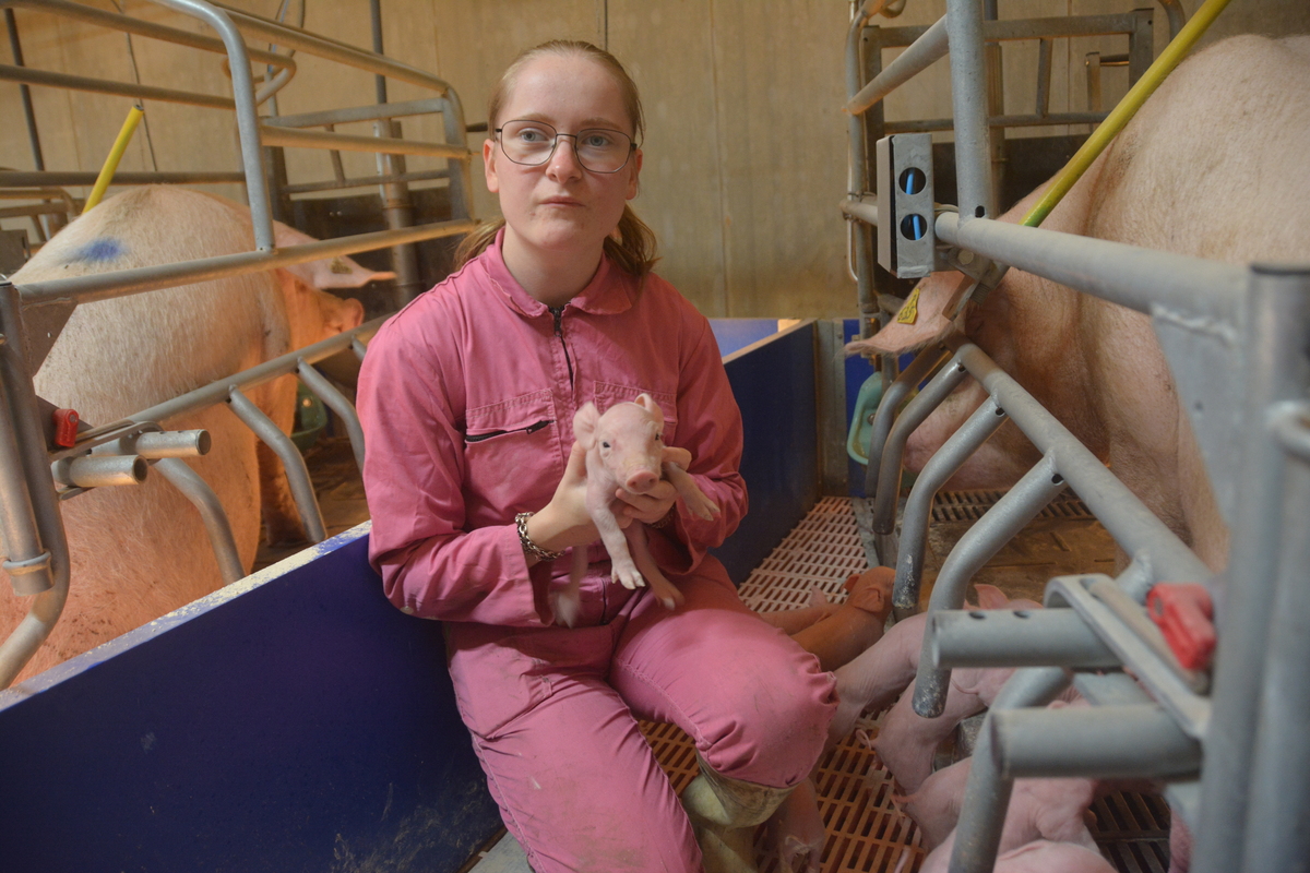Charlotte Podeur avec un porcelet dans les bras - Illustration « Je trouve ma place » 