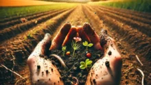 Une photographie de mains d'un agriculteur plongées dans un sol agricole riche en biodiversité