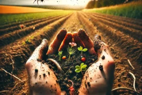 Une photographie de mains d'un agriculteur plongées dans un sol agricole riche en biodiversité