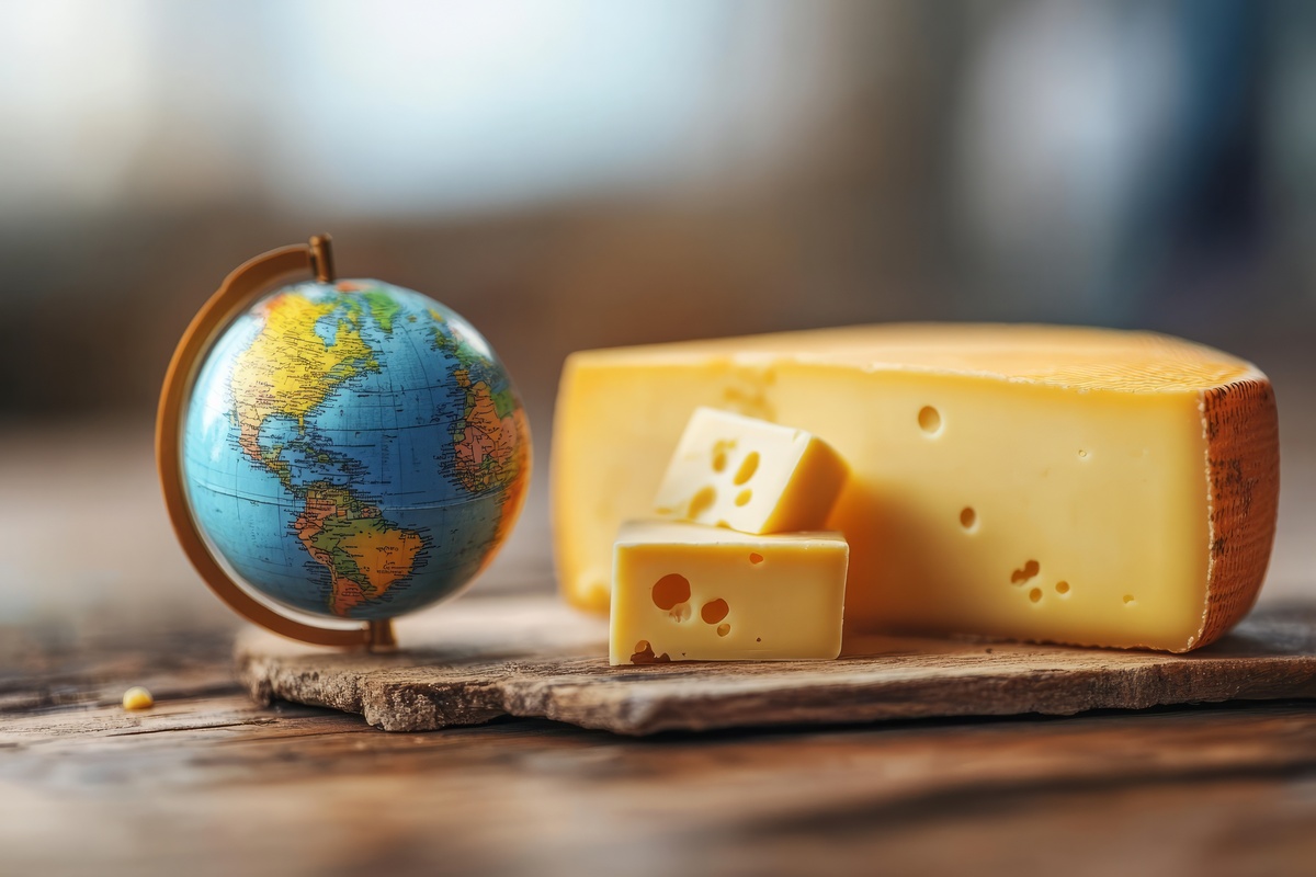 Meule de fromage et globe terrestre pointé sur les USA. - Illustration La filière laitière s’inquiète du retour  des taxes Trump