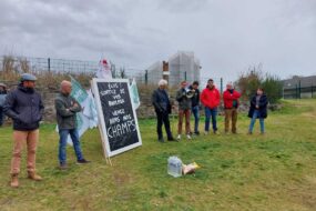 Les manifestants avec des pancartes et des drapeaux