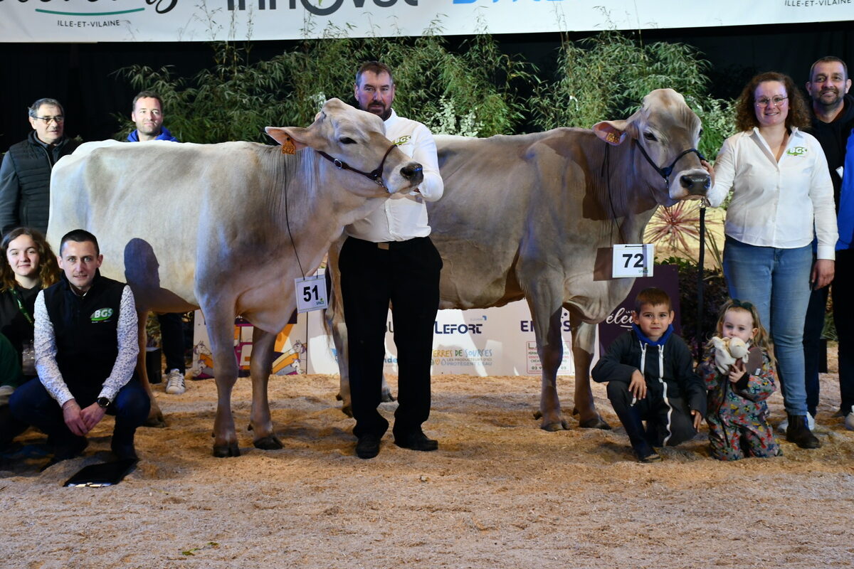 LBB Lalice , Championne vache Brune Ouest et sa réserve Sublime ID, sur le podium du concours de Rennes 2025 - Illustration La bretillienne Sublime ID, 2e du concours