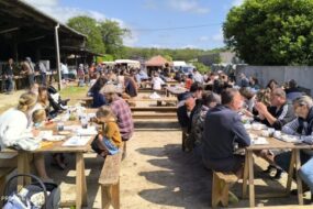 Des rangées de tables avec des personnes assises lors d'une fête de village