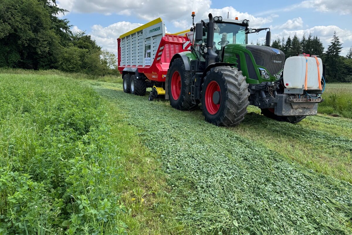 Un tracteur équipée d'un remorque autochargeuse dans une parcelle de luzerne - Illustration Aujourd&rsquo;hui 30 ha de luzerne, plus demain ?