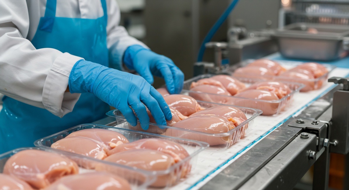 Gros plan sur une chaine de production de mise en barquette de filets de poulet - Illustration Évolution des prix et marges en 2024 : Contrastes   selon les filières 