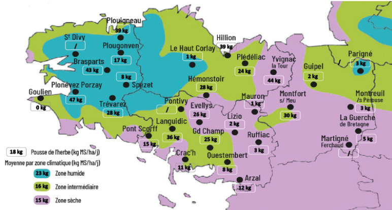 carte de la pousse de l'herbe en bretagne du 1er au 7 juillet - Illustration Observatoire des fourrages Bretagne : 18 kg MS/ha/jour 