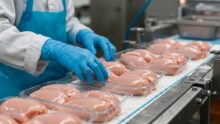 Gros plan sur une chaine de production de blanc de poulet