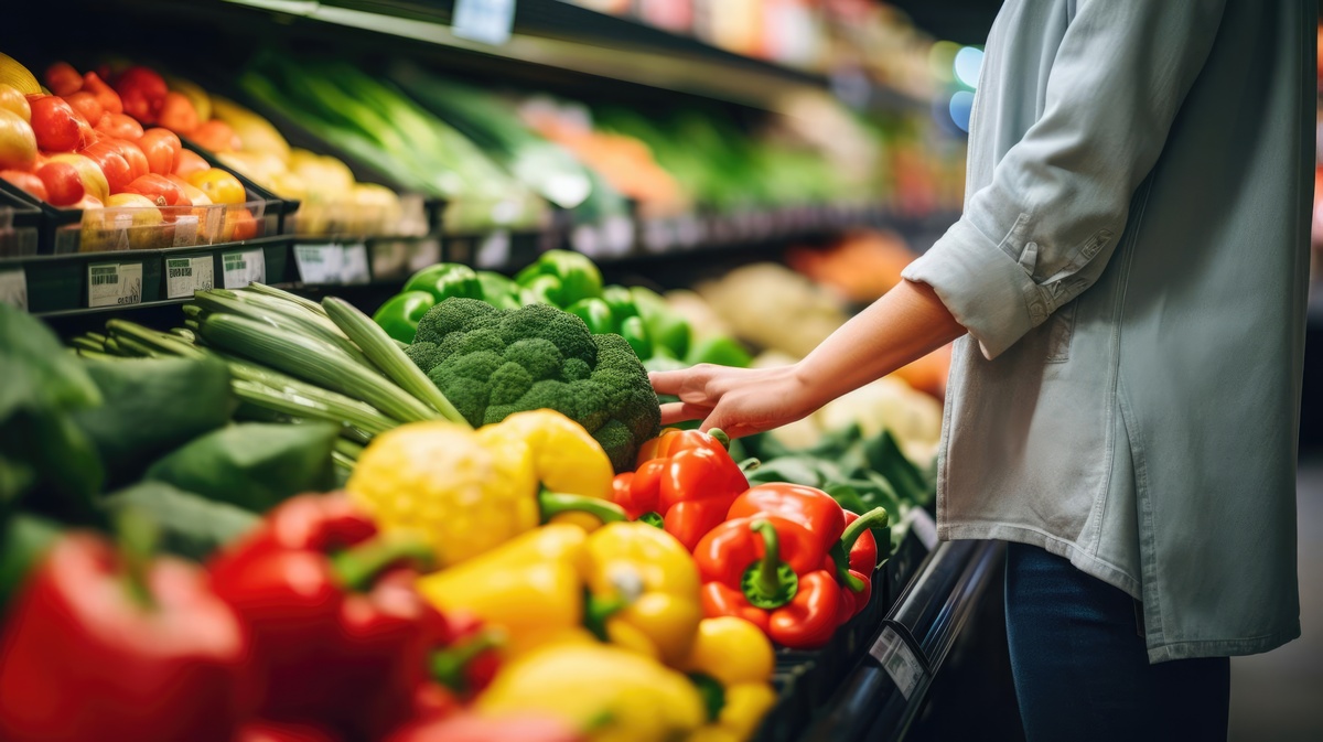 Un étal de légumes avec une personne en train de se servir - Illustration Des chèques alimentaires en local