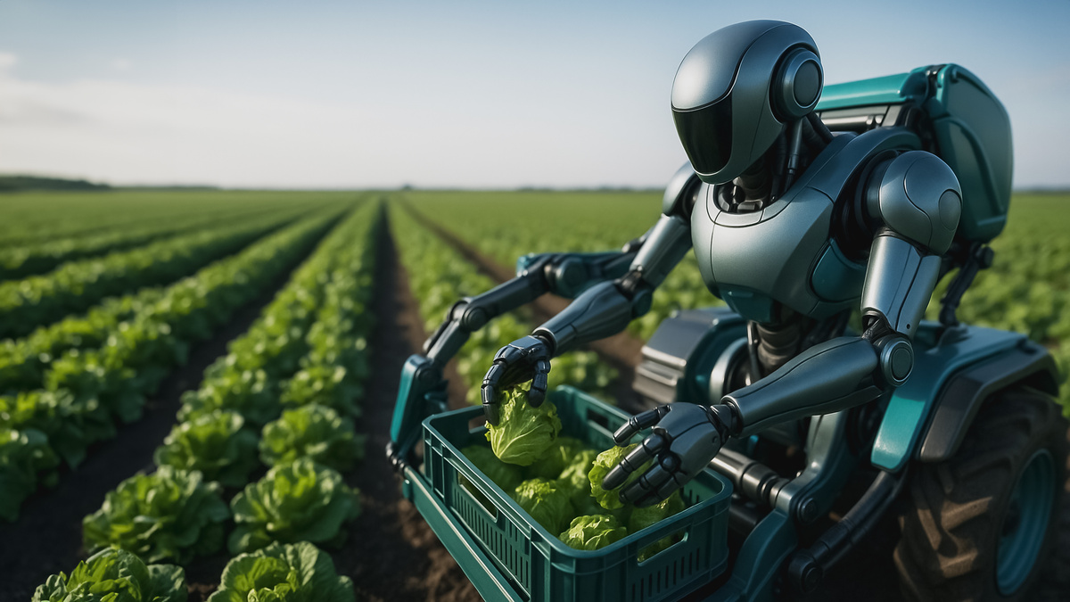 Un robot futuriste en train de travailler dans un champ - Illustration Outils d&rsquo;aide à la décision : Des fermes de plus  en plus connectées