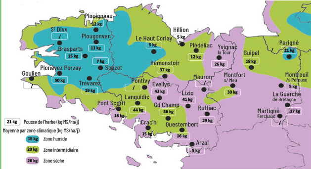 carte de la pousse de l'herbe en bretagne du 2 au 8 septembre 2025 - Illustration Observatoire des fourrages Bretagne : 21 kg MS/ha/jour
