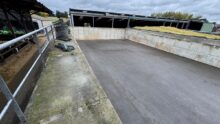 Aperçu d'un silo de maïs vide avec murs en blocs de bétons préfabriqués et sol couvert d'enrobé
