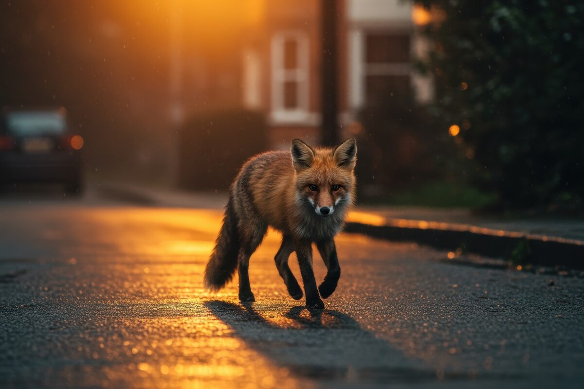 Un renard dans une rue de nuit avec l'éclairage d'un lampadaire - Illustration Le renard s’adapte à la ville