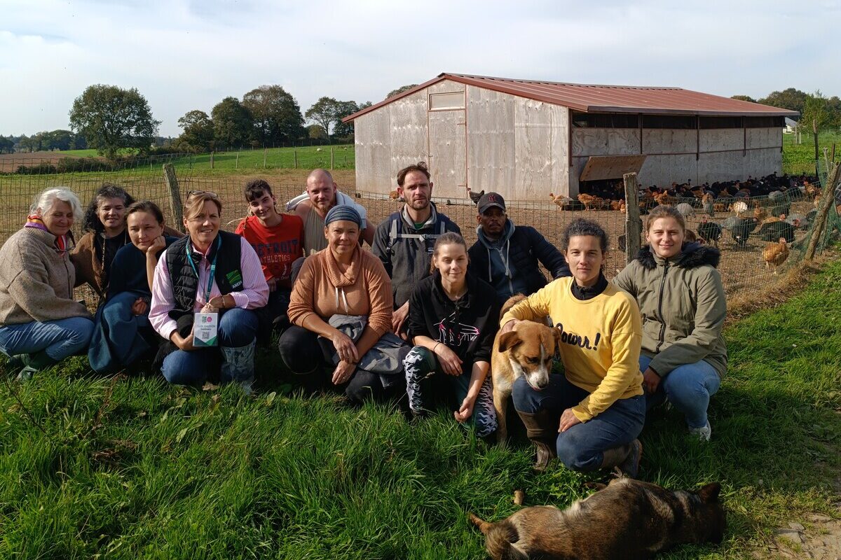un groupe de personnes accroupies avec des chiens dans un champ avec un bâtiment d'élevage de volailles derrière - Illustration Des demandeurs d’emploi à la ferme 