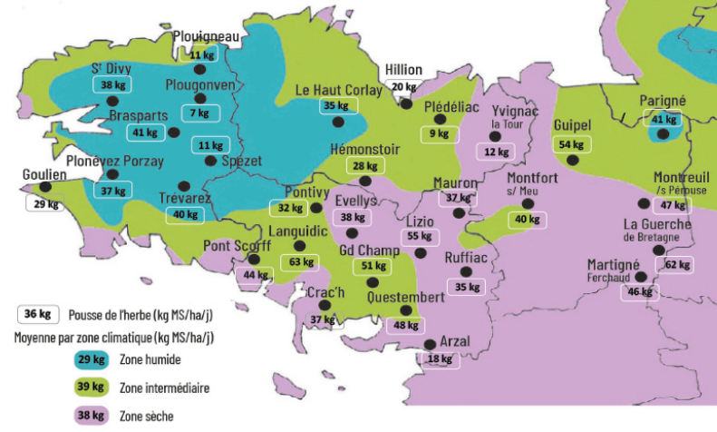 carte de la pousse de l'herbe en bretagne du 23 au 29 septembre 2025 - Illustration 36 kg MS/ha/jour