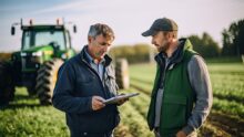 Deux hommes à côté d'un tracteur dans un champ travaillant avec une tablette