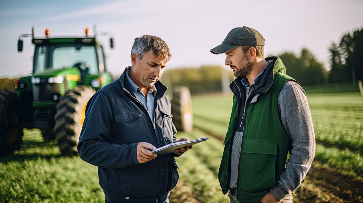 Deux hommes à côté d'un tracteur dans un champ travaillant avec une tablette - Illustration Congés payés : quand le juge  redessine les règles du jeu