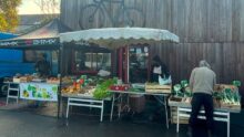 Étal de légumes sur un marché avec des personnes