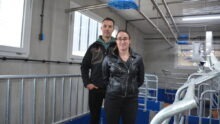 Une femme et un homme dans une maternité porcine