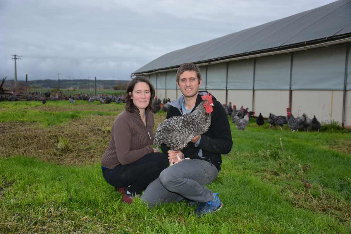 Une femme et un homme accroupis devant un bâtiment d'élevage de volailles avec une poule Coucou de Rennes dan les bras - Illustration Retrouver le goût du poulet de son enfance