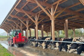Un éleveur distribue de l'ensilage à ses vaches à l'aide d'une désileuse portée derrière son tracteur