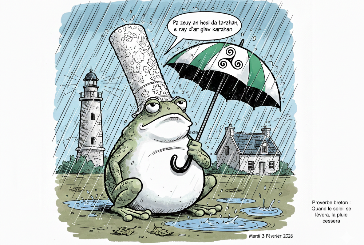 Un dessun d'une grenouille sous la pluie avec une coiffre bretonne et un parapluie. dans la bulle un proverbe en breton qui se traduit par : quand le soleil se lèvera, la pluie cessera - Illustration Janvier sous les eaux : L’Ouest breton face  à un mois hors normes