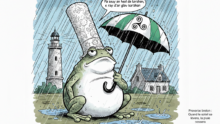 Un dessun d'une grenouille sous la pluie avec une coiffre bretonne et un parapluie. dans la bulle un proverbe en breton qui se traduit par : quand le soleil se lèvera, la pluie cessera
