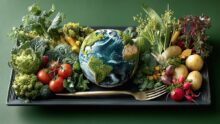 Un assiette rectangle avec une gmobe terrestre entouré de légumes et une fourchette