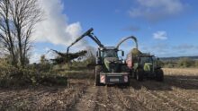 Deux tracteurs dont un avec un grappin et l'autre une remoque dans un champ avec ungr