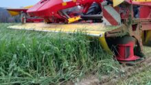Gros plan sur du matériel de fauche d'herbe au traval dans un champ