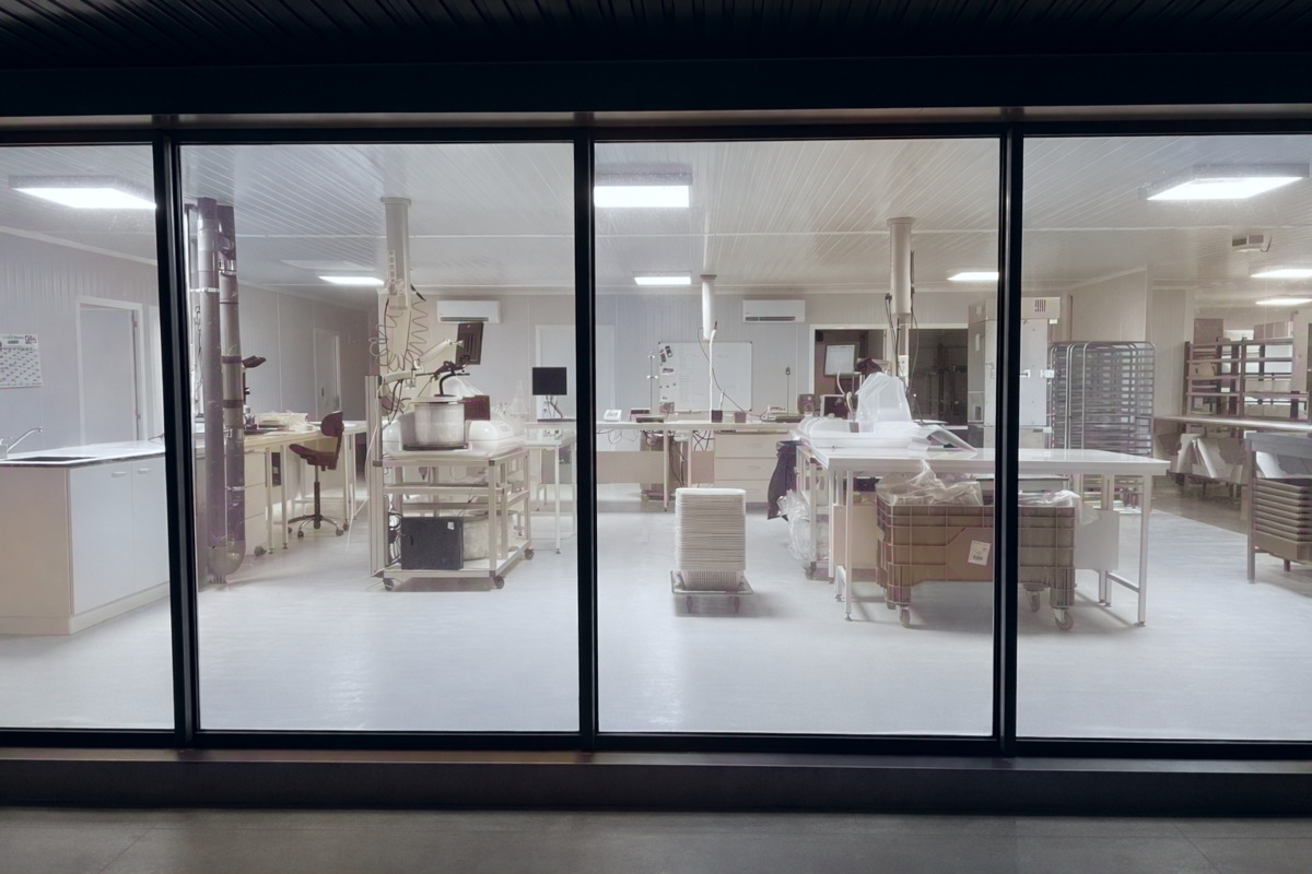vue extérieure d'un laboratoire à travers une verrière - Illustration Un site de production de semences ultra-sécurisé