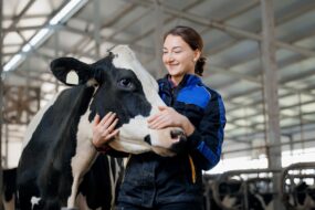 shutUne jeune femme qui caresse la tête d'une vache en la regardant tendrement