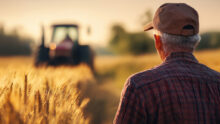 Un homme d'un certain âge avec une casquette de dos dans un champ de blé avec un tracteur au travail en arrière plan