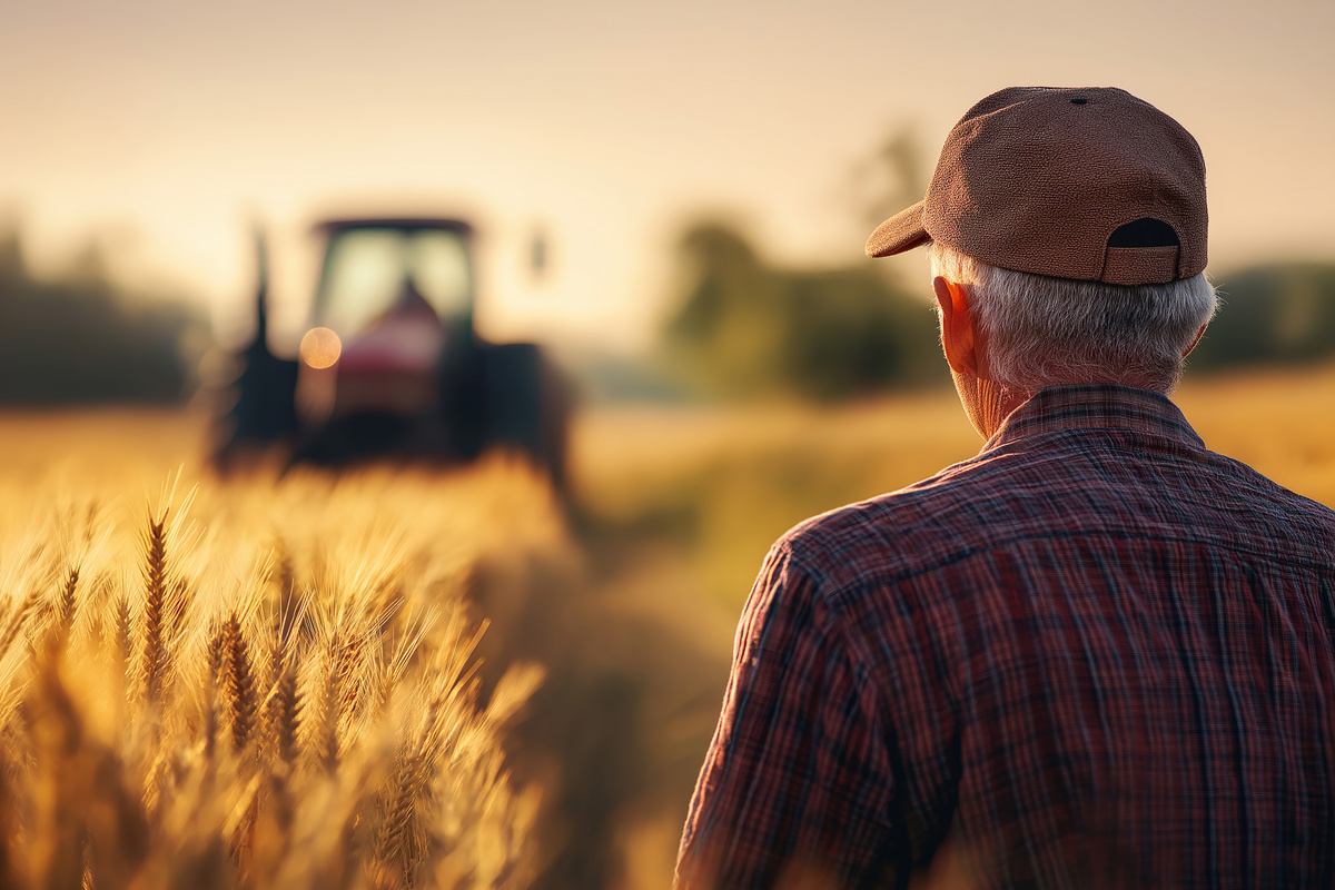 Un homme d'un certain âge avec une casquette de dos dans un champ de blé avec un tracteur au travail en arrière plan - Illustration Prévoyance des exploitants agricoles : protéger son avenir