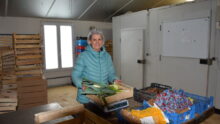 Une femme avec une charlotte qui remplit et pèse des cageots de légumes