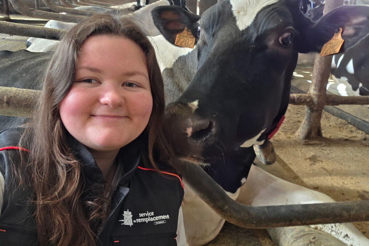 Une jeune femme à côté d'une vache couchée dans une stabulation - Illustration Florie aime son métier et elle le fait savoir