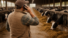 Agriculteur avec son téléphone à l'oreille dans un étable
