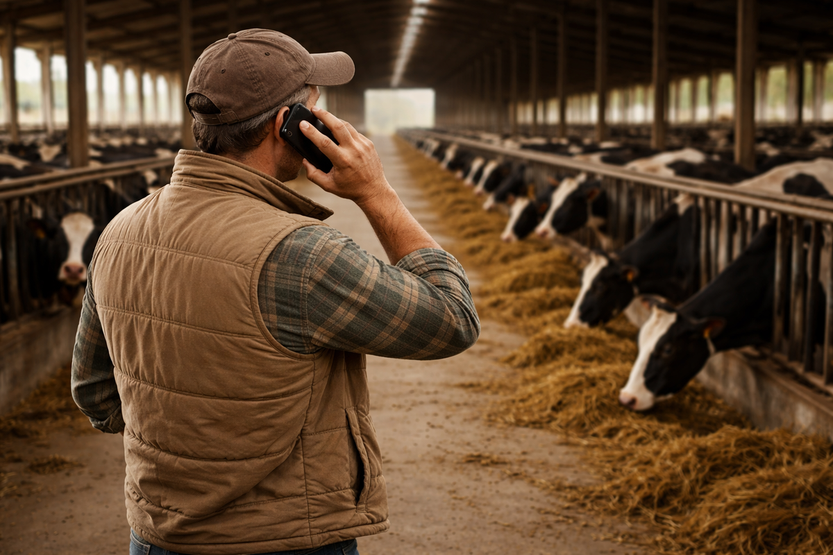 Agriculteur avec son téléphone à l'oreille dans un étable - Illustration Aider ceux qui en ont besoin