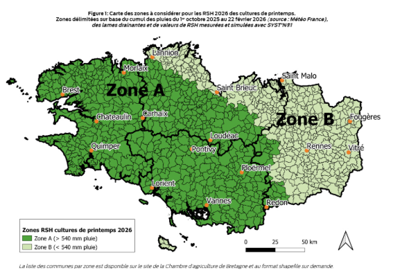 carte de la bretagne des zones à considérer pour les rsh 2026 des cultures de printemps - Illustration Des reliquats sortie hiver 2026 cultures de printemps faibles