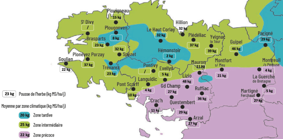 carte de la pousse de l'herbe en bretagne du 3 au 9 mars 2026 - Illustration Observatoire des fourrages Bretagne : 23 kg MS/ha/jour 