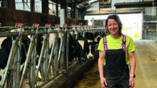Une femme souriante près d'un cornadis autobloquant dans un bâtiment d'élevage abritant de vaches de race Prim'Holstein