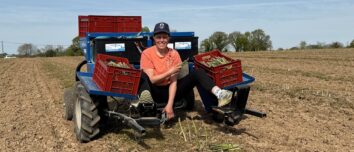 Une femme assise sur une machine en train de récolter des asperges vertes dans un champ