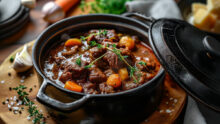 Un boeuf bourguignon dans une cocotte en fonte posée sur une tables avec plein d'ingrédients autour
