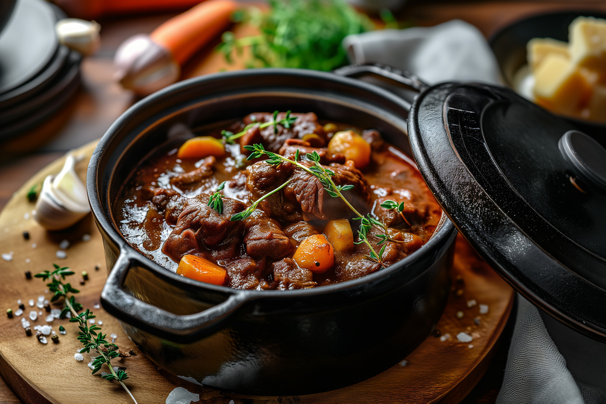 Un boeuf bourguignon dans une cocotte en fonte posée sur une tables avec plein d'ingrédients autour - Illustration Viande : L’élevage sur le gril des idées reçues